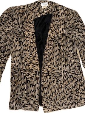 Norma Walters Vintage 100% Silk Black and Cream Geometric Pattern Blazer